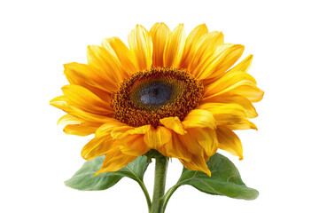 Obraz premium Bright yellow sunflower with dark center and green leaves on black background bloom blossom, Png On White Background, Isolated on Transparent Background, Cut Out