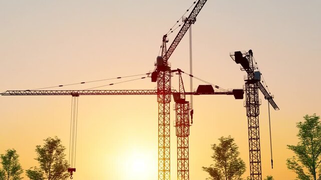 Aerial view of tower cranes operating at a busy construction site under the setting sun(3D software Lumion makes non-AI)
