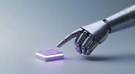 Metallic robotic hand preparing to press glowing futuristic control button on minimalist gray background.