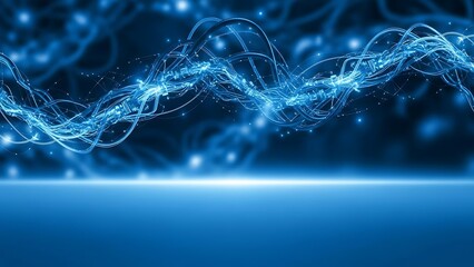 Dynamic blue light waves with glowing particles creating an energetic, futuristic data stream, symbolizing advanced technology and digital communication