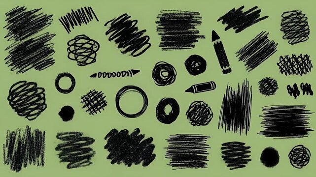 Black Scribble Marks and Shapes Collection on Green Background