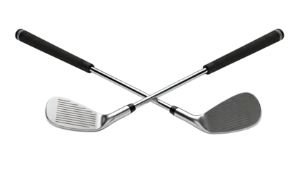 Two crossed golf clubs on a white background