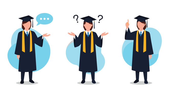 Set of graduate student character poses showing various emotions like talking and confusion and having an academic idea.