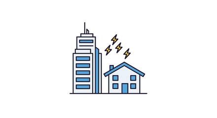 Obraz premium Simple illustration of a city building and a small house with lightning bolts between them representing power outage or electrical storm.
