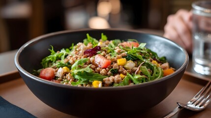 Colorful mixed grain and vegetable salad served in a dark bowl with soft evening lighting