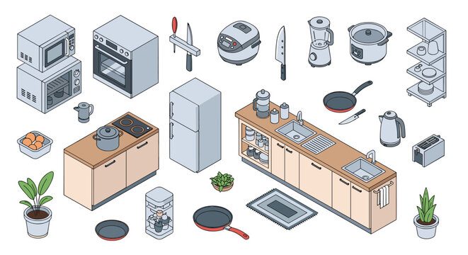 Comprehensive collection of isometric kitchen appliances and utensils including refrigerator oven microwave and sinks for interior design.