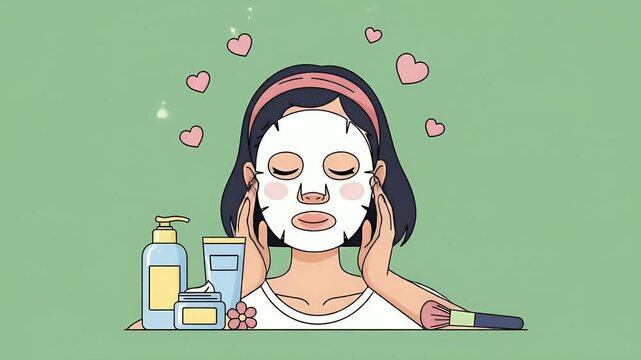 Animation Young Woman Applying Face Mask Green Background