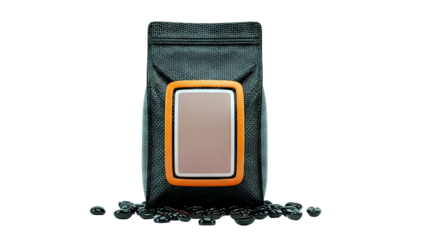 Black coffee bag with orange label and coffee beans