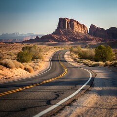 Winding desert road with majestic rock formation