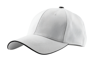 White baseball cap with black trim and black button on black background image, Png On White Background, Isolated on Transparent Background, Cut Out