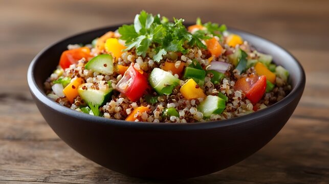 A vibrant bowl of colorful quinoa salad with fresh chopped vegetables and herbs illuminated by soft sunlight on a rustic wooden surface