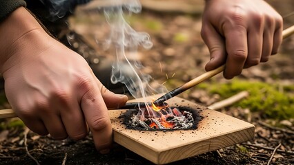 Hands creating fire using friction method with wood and tinder outdoors in nature, survival skills demonstration