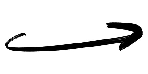 Hand-drawn black brushstroke curved arrow on transparent background, bold marker style for highlight, notes and graphic design