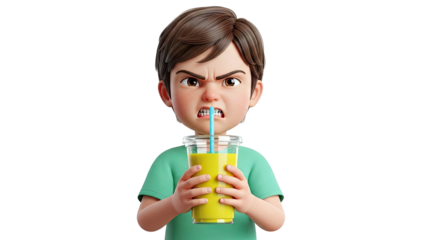Boy with Grumpy Face Drinking Yellow Juice