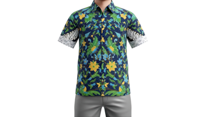 Men's Short Sleeve Navy Batik Shirt with Floral Pattern