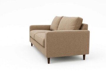 A light brown sofa against a white background, viewed from the side.