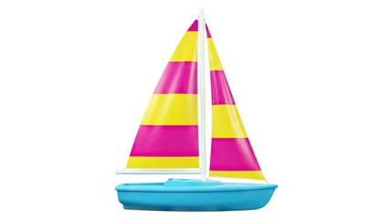 Blue Sailboat with Pink and Yellow Striped Sails