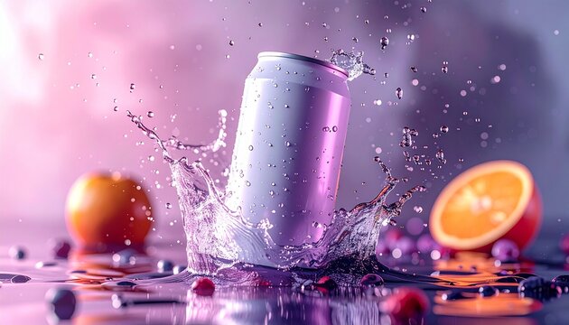 Refreshing beverage can splashing into liquid with vibrant fruit accents and subtle bokeh lighting