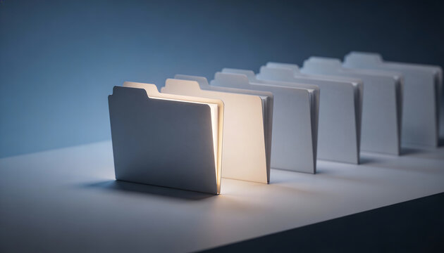 minimalist studio 3d render of file folders with one highlighted glowing folder concept search discovery data retrieval records management and finding information