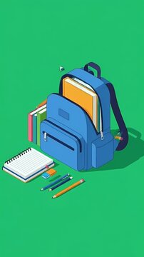 Blue Backpack Filled With Books On Green Background Animation