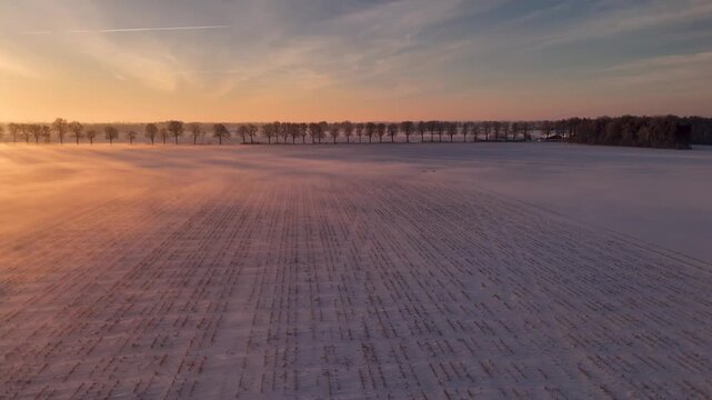 Morning Cold Over Rural Areas, Gentle Mist And Frost Combine To Cover Fields At Break Of Dawn