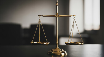 Golden scales of justice symbol, representing law, fairness, and balance, set against a dark, somber background.