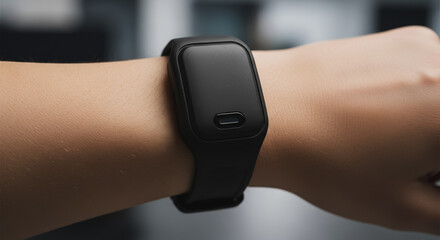 Close-up of a minimalist black fitness tracker smart band on a wrist, symbolizing health, wearable technology, and wellness monitoring