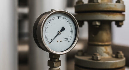 Close-up of industrial pressure gauge (manometer) on piping infrastructure measuring system pressure, engineering equipment and monitoring.