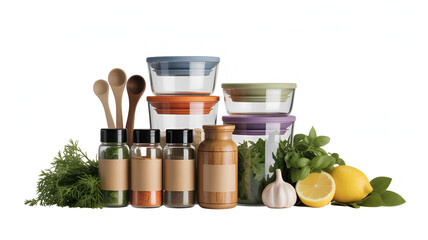 A collection of kitchen utensils and ingredients for healthy cooking and meal preparation