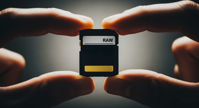 Fingers holding a RAW format memory card, symbolizing high-quality digital photography data storage, professional camera media, and technology.