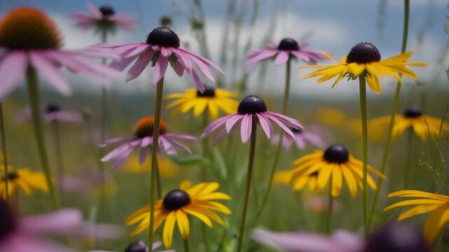 Low angle purple coneflower and black eyed susan meadow swaying in summer soft light with wildflower field calm meadow vista