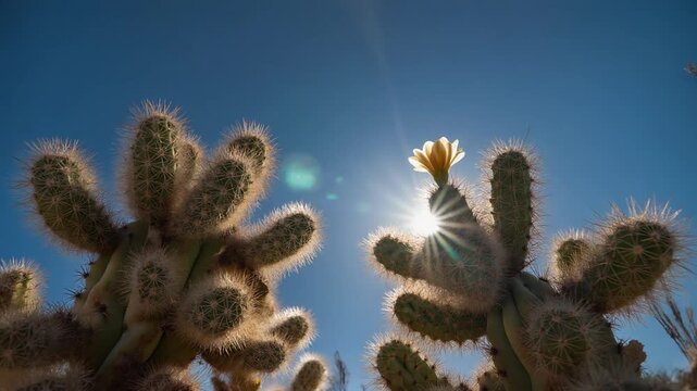 Sunlit fuzzy cholla cactus with single yellow bloom and sunflare, low angle desert scene through spiky cholla arms with blue sky