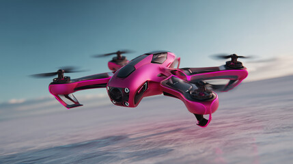 Pink drone flying over snowy landscape for aerial photography and videography enthusiasts and drone hobbyists