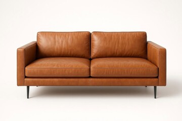 A modern-style leather sofa sits alone against a white background.