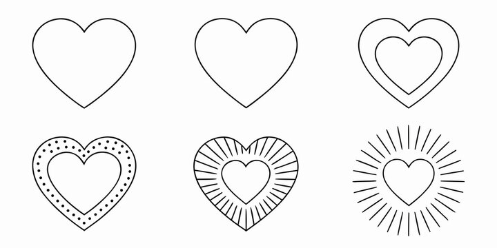 Collection of simple heart line drawings in various styles and designs