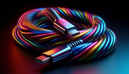 Illustration of colorful USB Type-C cables on a dark black background.