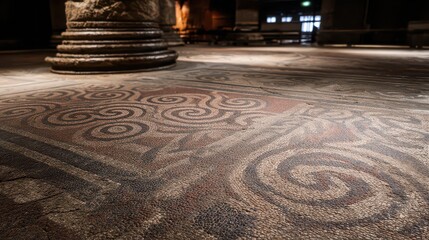 Interior View of Basilica Cistern with Stone Columns and Ornate Mosaic Floor with Intricate Circular Patterns in Earth Tones and Dark Backgrounds