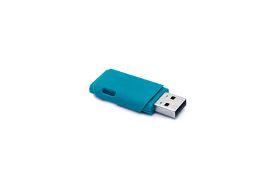 USB flash drive stick isolated on white background. For concepts of digital technology, computing, work and school life. Selective focus, closeup