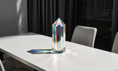 Prism Light Table Crystal prism centerpiece scattering rainbows across white desks.
