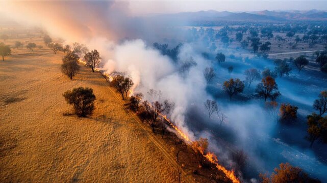 Aerial View of Wildfire Advancing Across a Smoky Valley Landscape