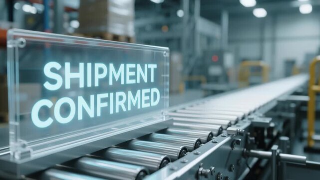 Shipment confirmed sign on conveyor belt logistics center showing delivery loading process with technology for e commerce goods transportation distribution automobile system