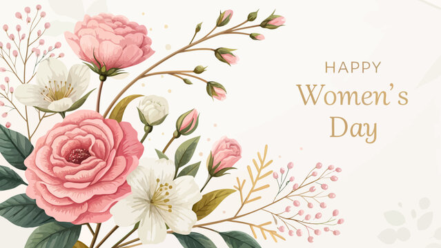 Happy Women's Day floral celebration with pink roses and white flowers