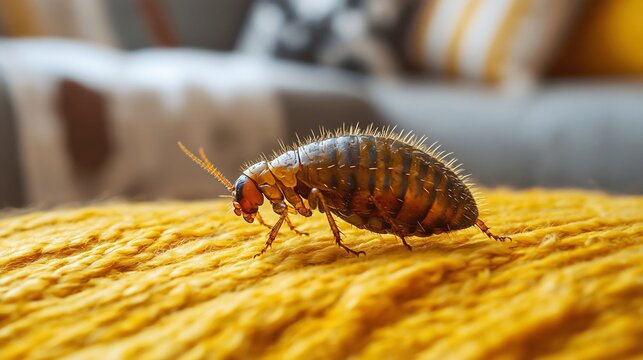 Detailed macro shot shows a flea jumping on pet fur with textured details and vibrant color. Close-up highlights parasite's anatomy, emphasizing health and hygiene concerns for pet owners.