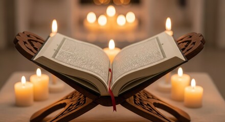 Open Quran on wooden stand with lit candles around it