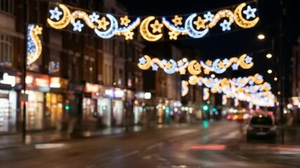 Dynamic 4K Cinematic Footage of Urban Street Illuminated with Festive Ramadhan and Eid Crescent Moon Decorations at Night