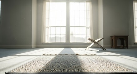 Serene prayer room with Quran on stand and sunlight through windows