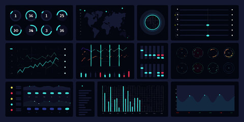 Abstract digital dashboard interface with various data visualizations and glowing elements © Ganesh
