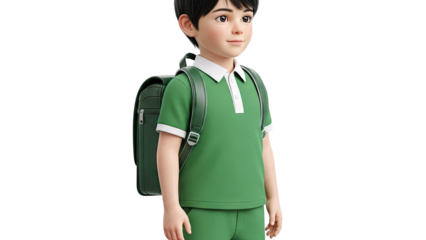 3D Rendered Young Boy with Green School Backpack and Uniform