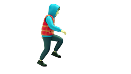 3D stylized person in puffer vest and hoodie walking