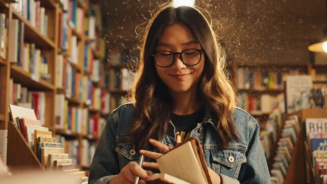 Young woman reading a book in a library surrounded by bookshelves.